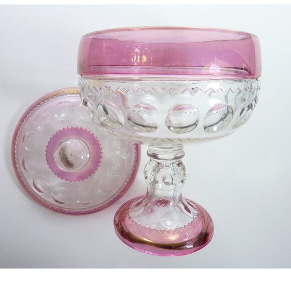 Vintage Pink and Clear Glass Candy Bowl Pedestal Nut Dish Dessert Bowl